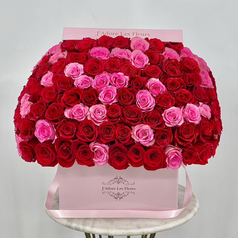 100 JLF Signature Pink and Red Roses in a Square Box