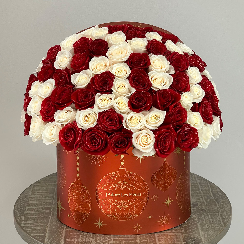 Red & White Roses in Oval Holiday Box
