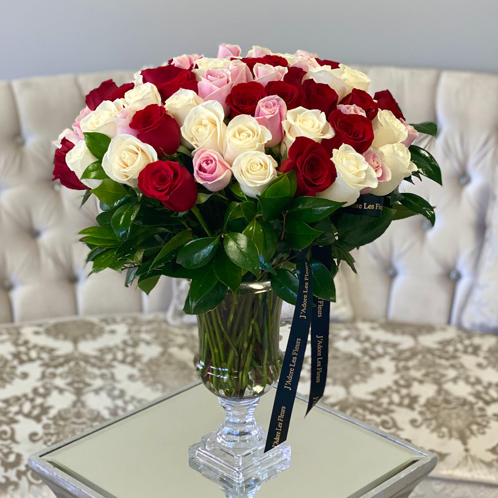 75 Multicolor Roses in a Glass Vase