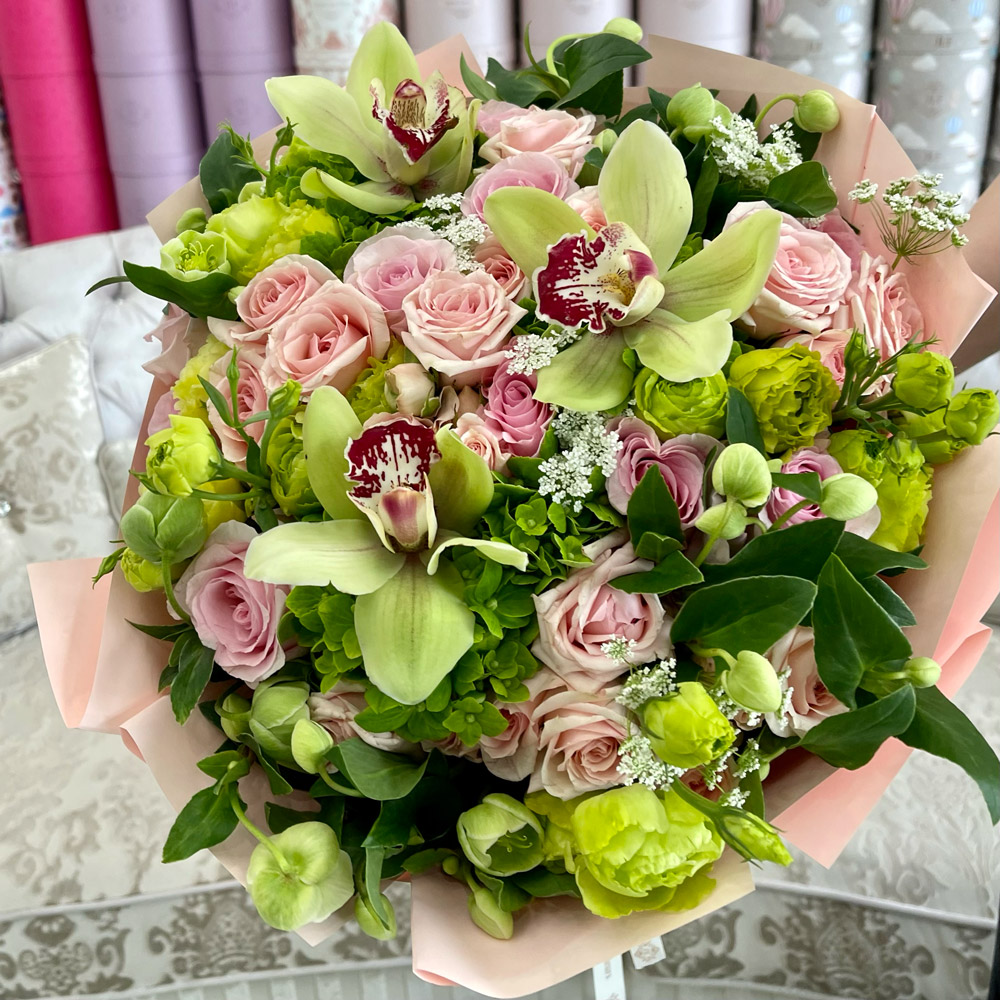 Whispering Elegance Light Pink and Mint Green Hand-Tied Bouquet