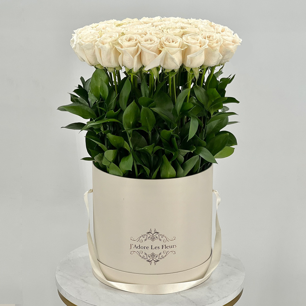 Standing JLF White Roses In Round Box