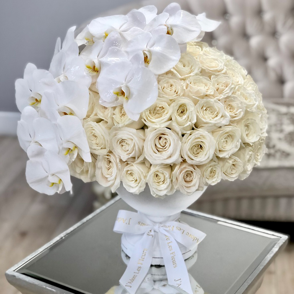 All White 100 Roses and Orchids