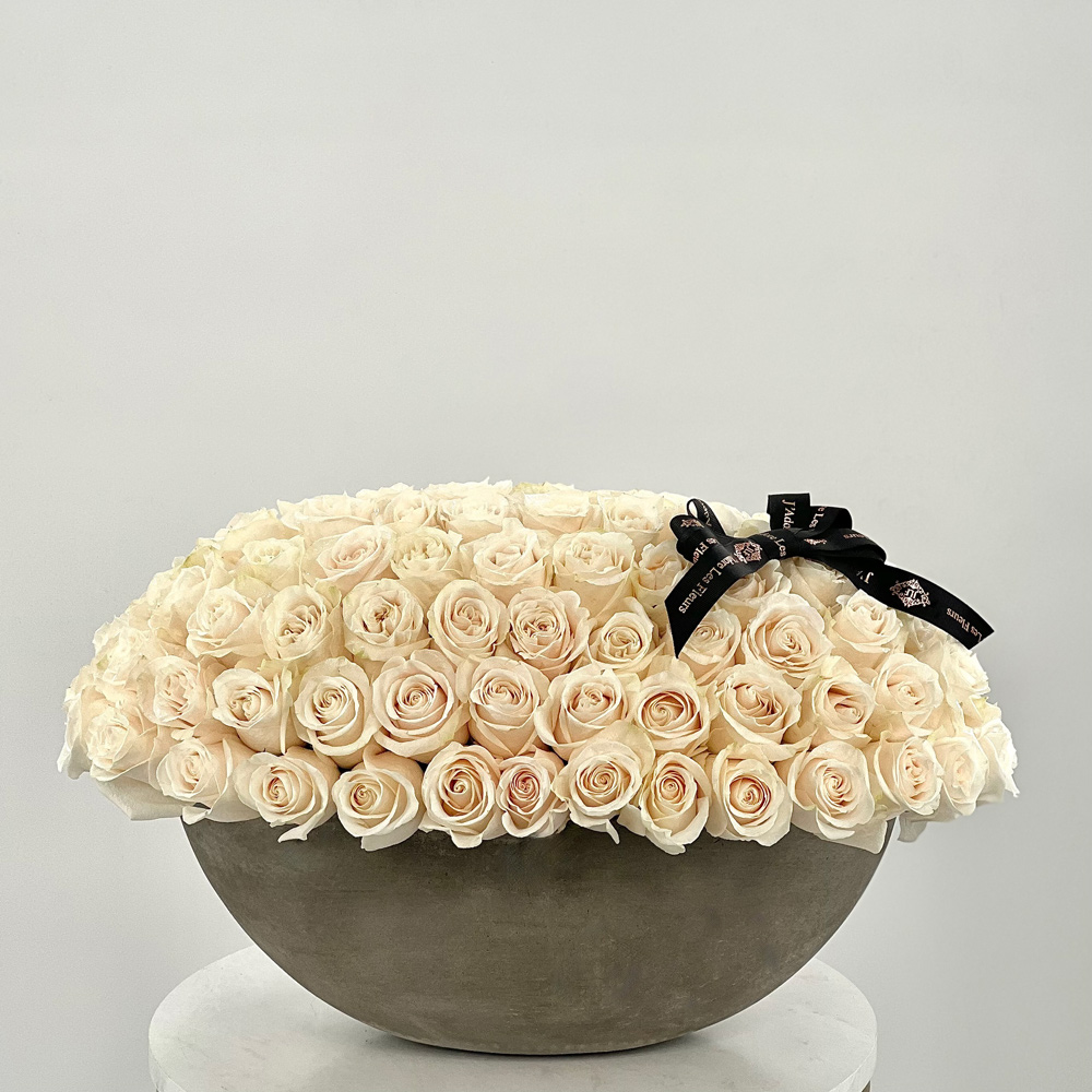 JLF Signature White Roses in a Curved Vase