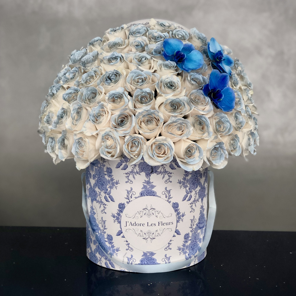 Blue Painted Signature Roses with Orchids