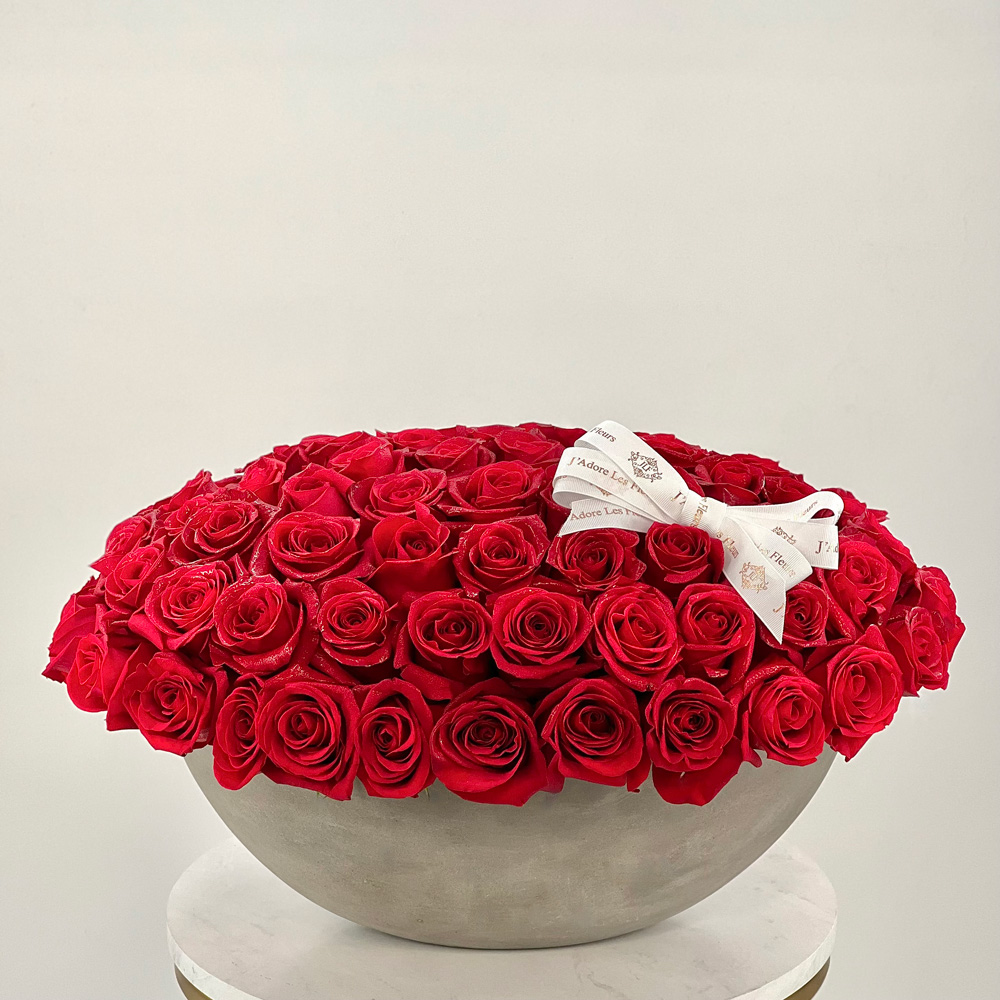 JLF Signature Red Roses in a Curved Vase