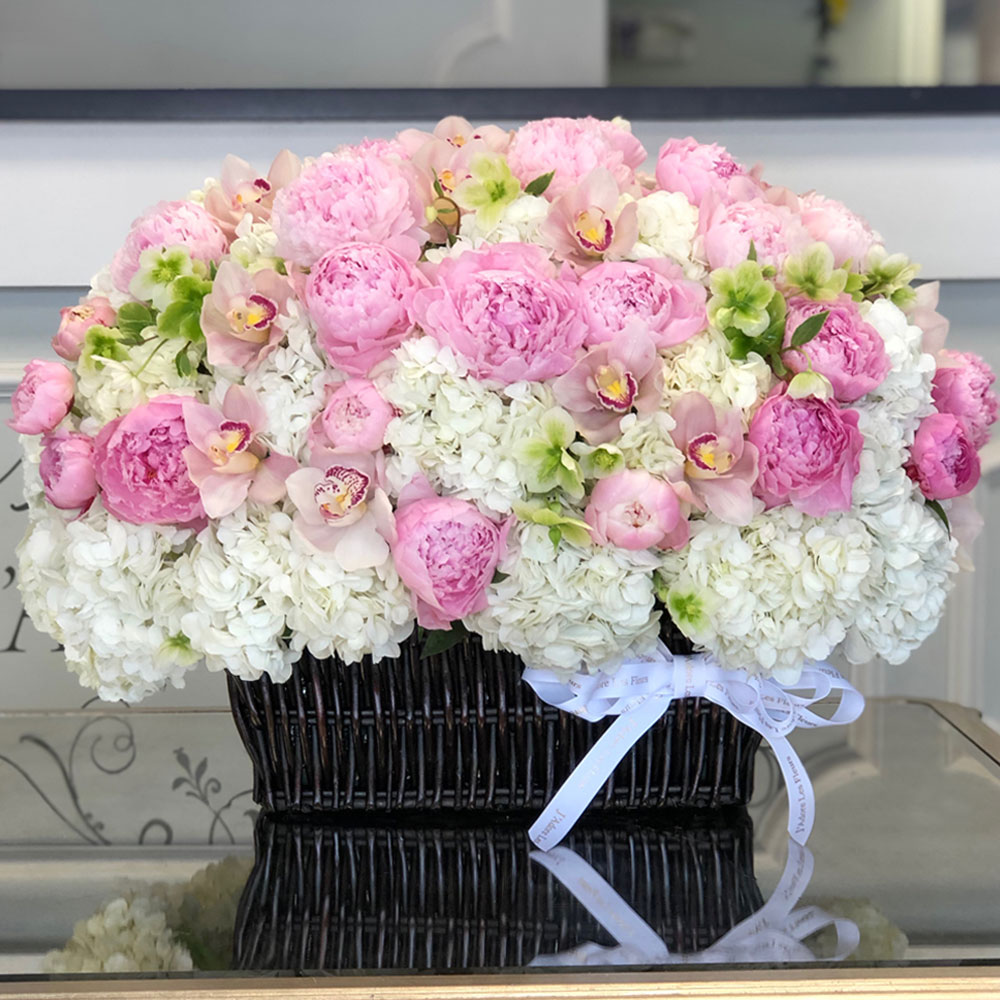 Basket of Peonies, Orchids and Hydrangeas