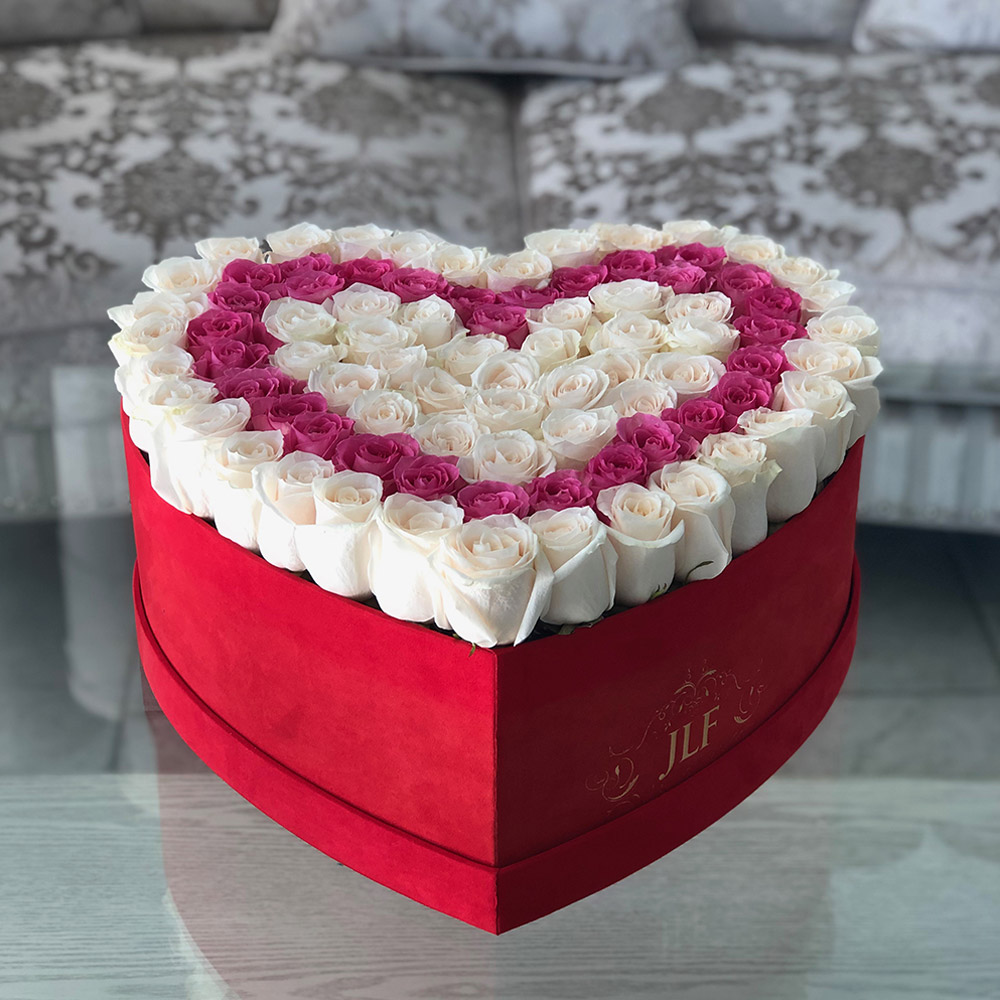 Yelena Heart Box With White & Pink Roses