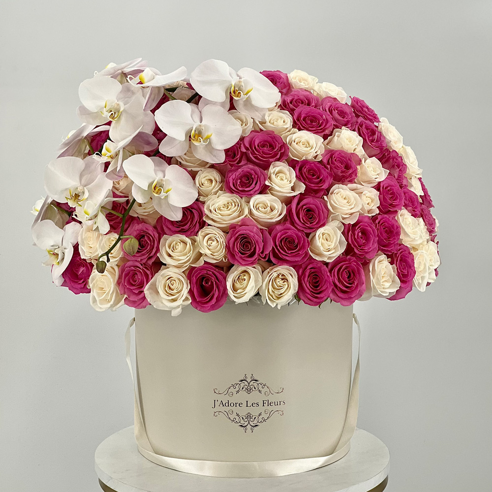 Signature Large Pink & White Rose Box with Phalaenopsis Orchids