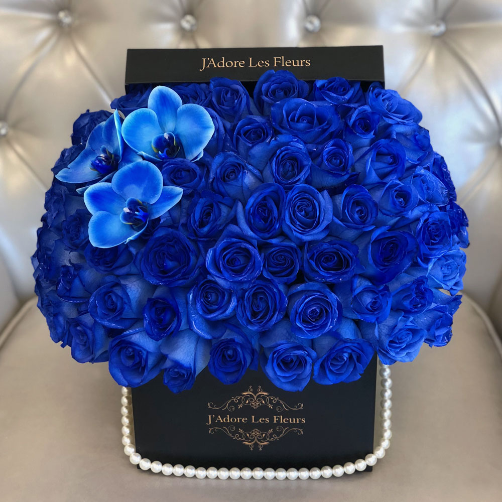Signature 75 Blue Roses With Cymbidium Orchids