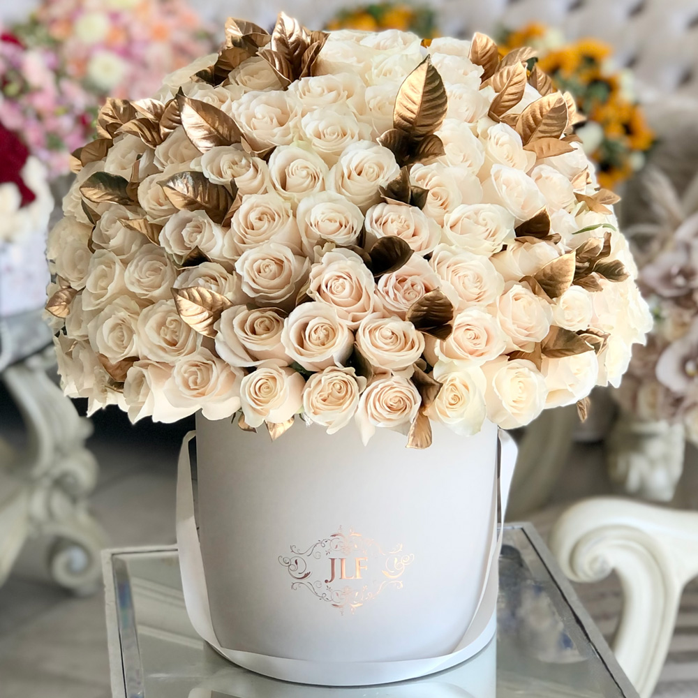 JLF Signature White Roses and Gold Leaves