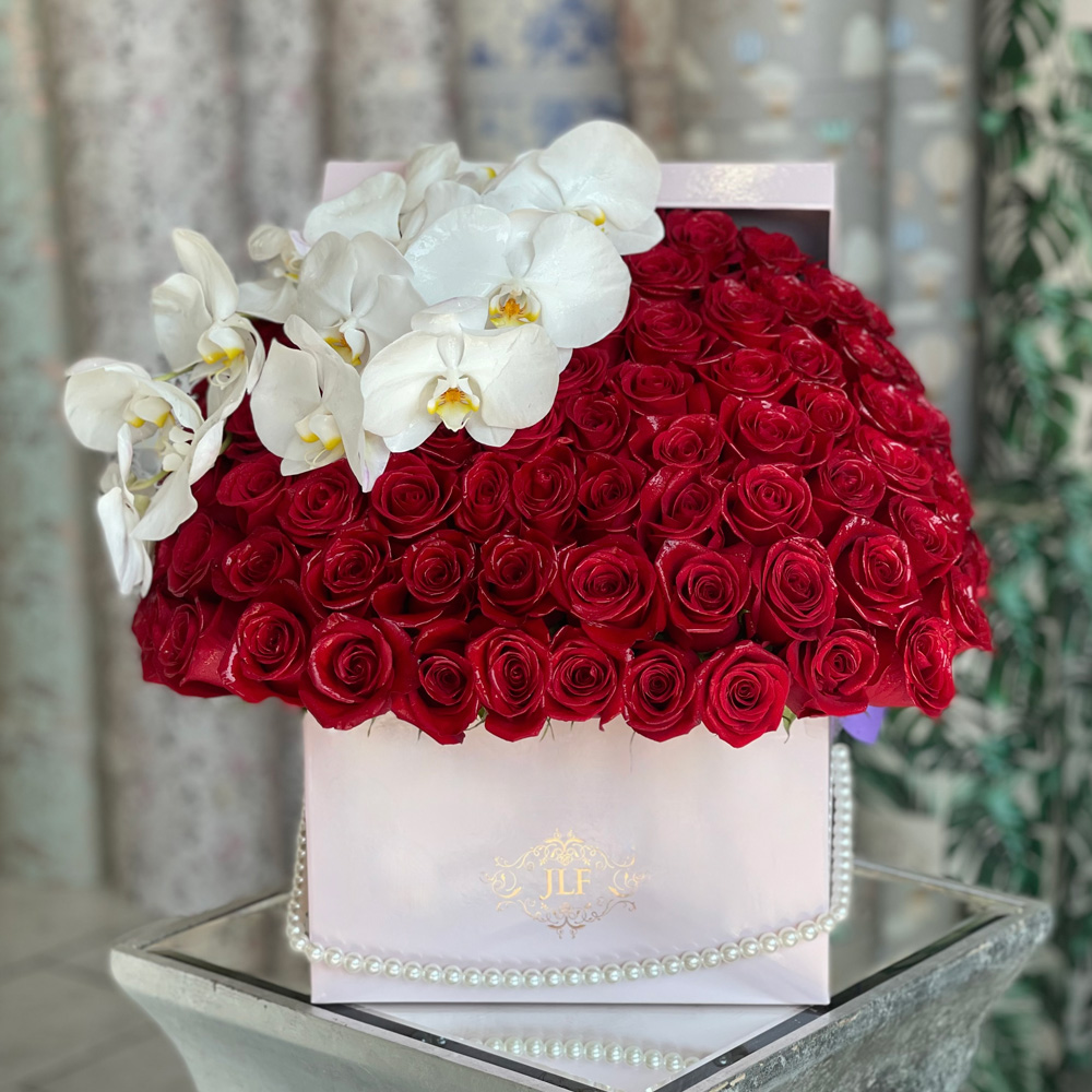 JLF Signature Roses and Orchids in a Square Box