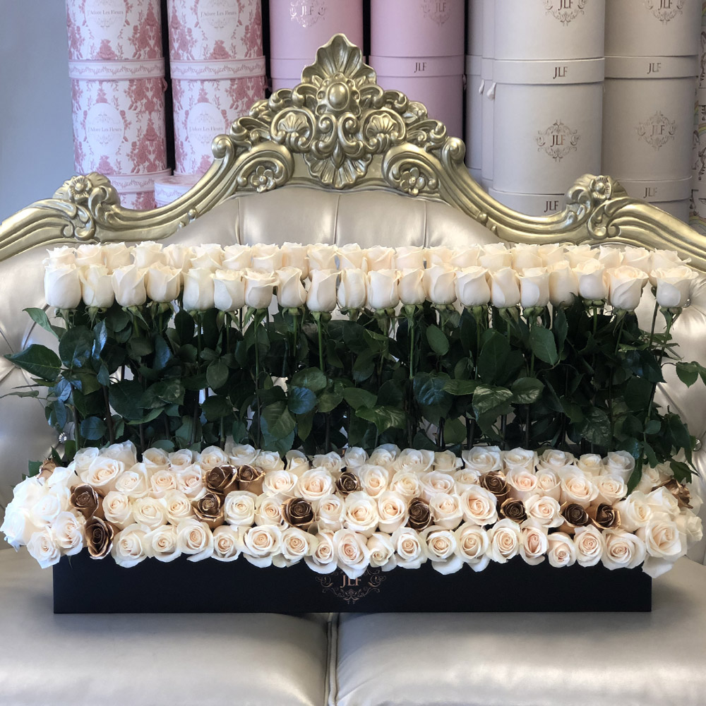 Signature Standing White and Gold Roses In Rectangle Box