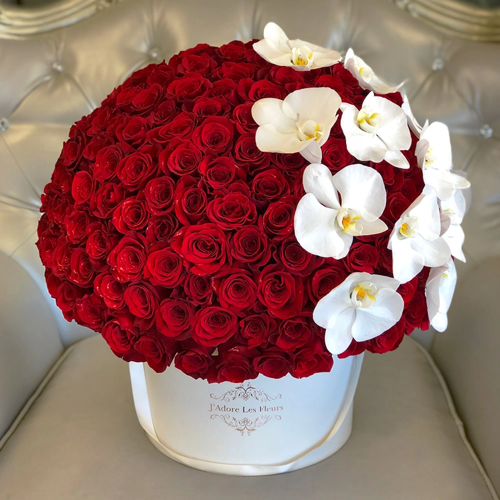 Signature 100 Red Rose Box With Single Orchids