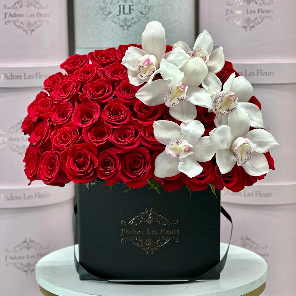 Luxury Box of Red Roses and Cymbidium Orchids